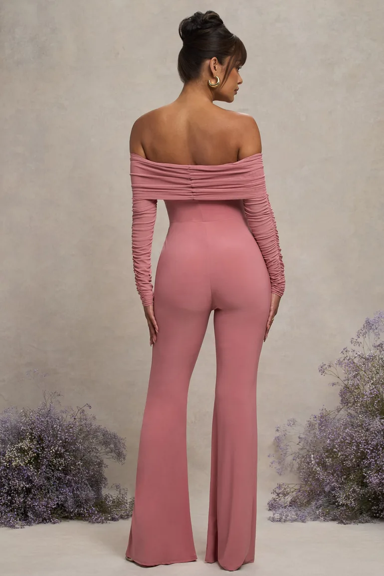 Blush Pink Maternity Ruched Mesh Bardot Jumpsuit - 1