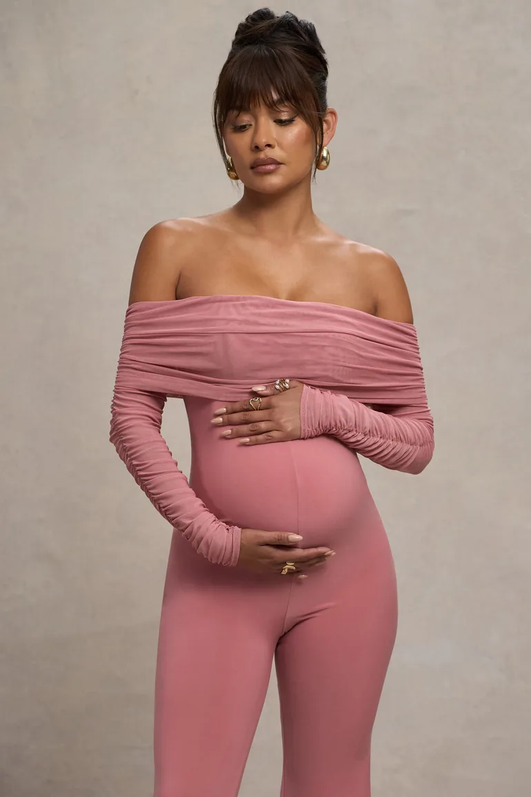 Blush Pink Maternity Ruched Mesh Bardot Jumpsuit - 2
