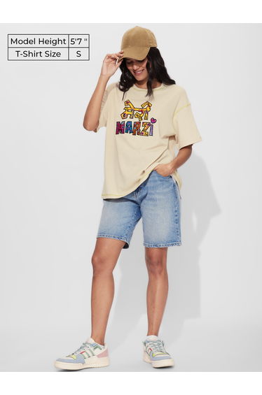 Beige Meri Marzi Embroidered Oversized T-Shirt