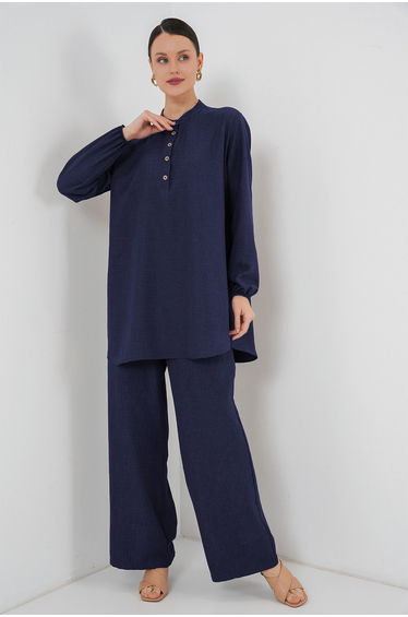 Linen Tunic Trousers Double Suit - Navy Blue