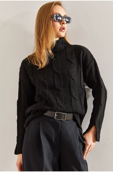 Women's Half Turtleneck Hair Knitted Patterned Knitwear Sweater