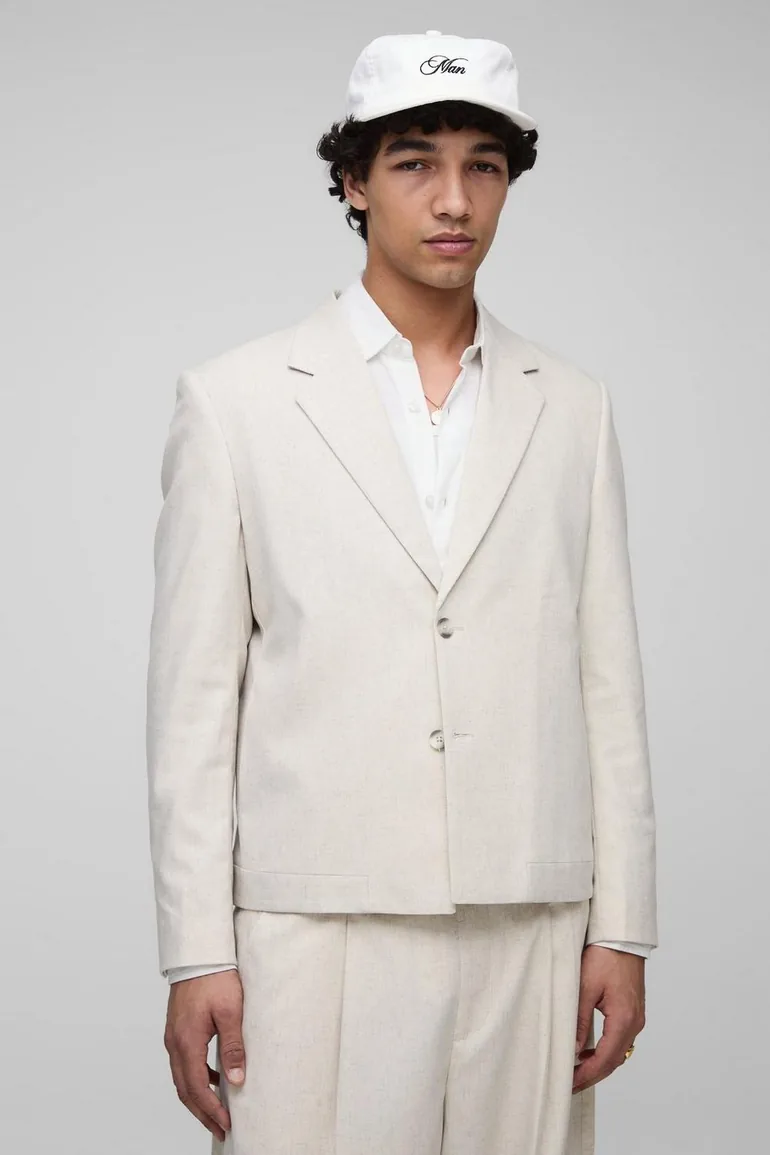 Straight Fit Cropped Herringbone Hem Suit Blazer - light grey