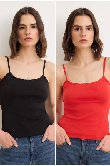 Black-Red Plain Fitted Pool Collar Spaghetti Strap Sleeveless P Cotton R Rib Knit Knitted Undershirt