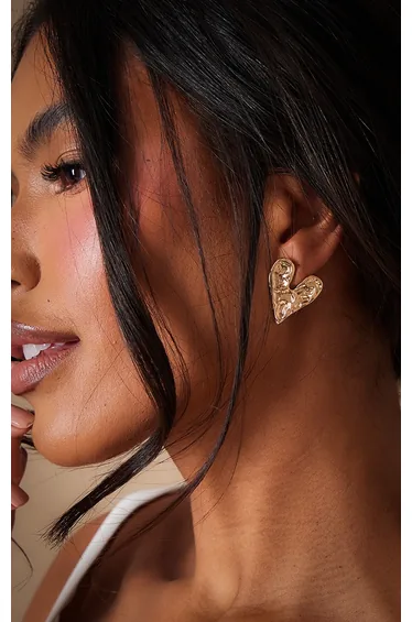 Gold Hammered Love Heart Statement Earrings