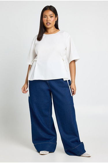 Plus Cotton Poplin Short Sleeve Tie Side Top - white