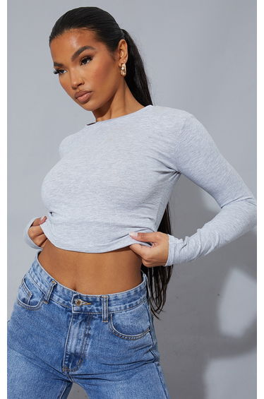 Grey Marl Cotton Crew Neck Long Sleeve Top