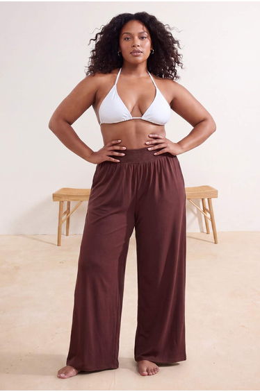 Brown Wide Leg High Waist Beach Wear Plus Size Pants
