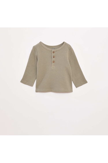 Waffle-knit fabric T-shirt with henley collar GREEN