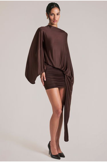 Draped Cape Mini Dress in Chocolate Brown