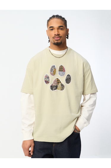 Men Beige Paw Patch Oversized T-Shirt