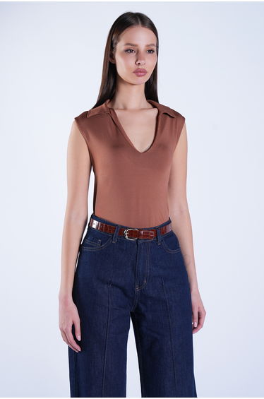 Women's Brown Polo Collar Chest-Cut Sleeveless