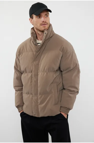Light Brown Men's Oversize Fit Stand Collar Coat