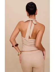 Sand Woven Bead Detail Halterneck Top - 1