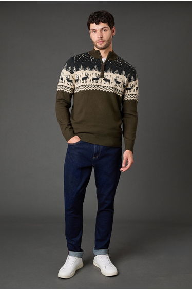 Khaki Half Zip Knitted Christmas Jumper