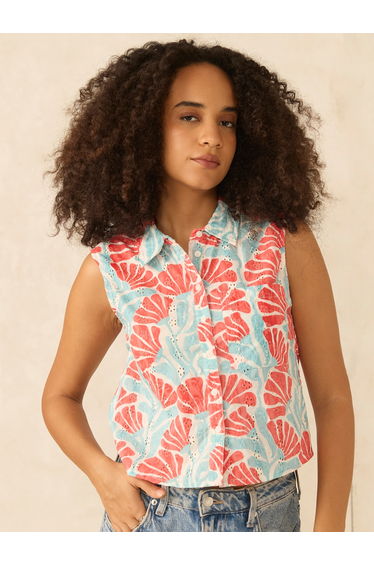 Multi Sleeveless Crop Schiffli Shirt