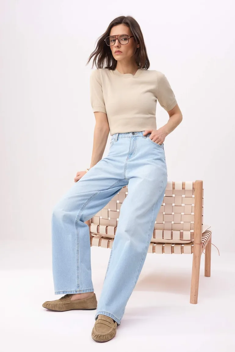 Ice Blue High Waist 100% Cotton Baggy Jeans - 1