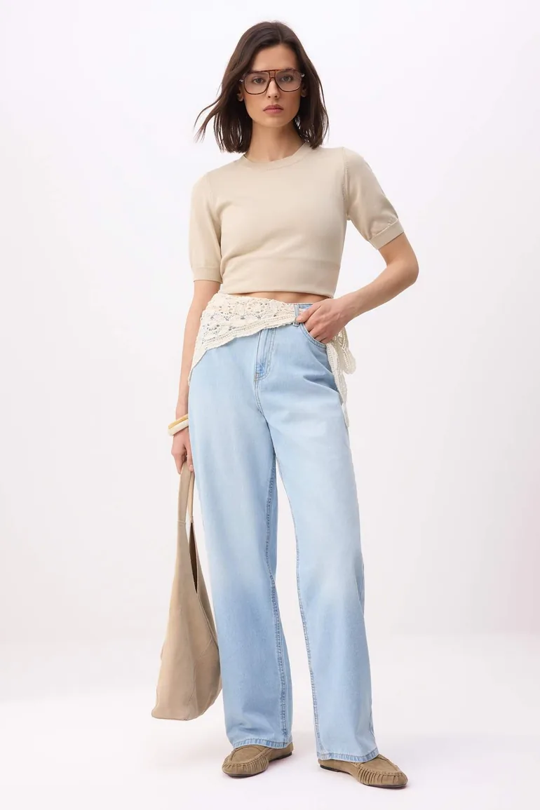 Ice Blue High Waist 100% Cotton Baggy Jeans