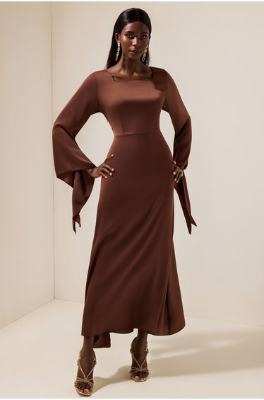 Satin Square Collar Tie-Up Slit Maxi Dress