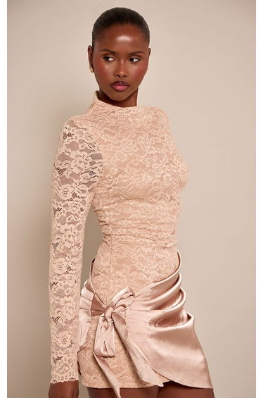 Taupe Lace High Neck Satin Drape Mini Dress