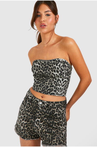 Leopard Print Longline Denim Bandeau