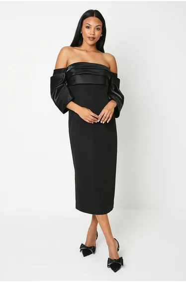Glossy Twill Pleated Bodice Bardot Dress