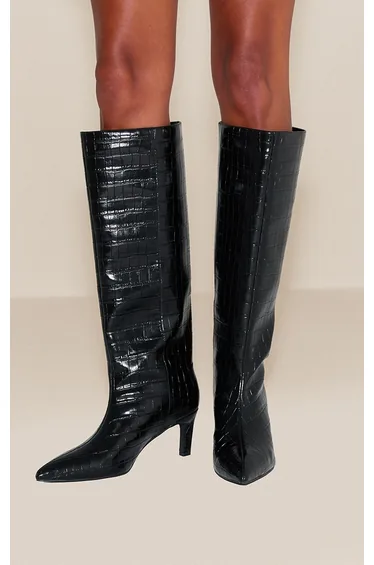 Black Croc Kitten Heel Knee High Boot