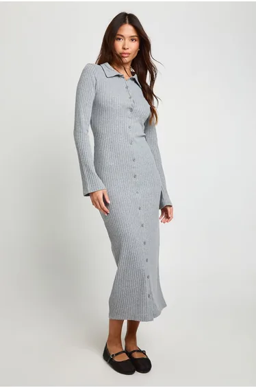 Ribbed Collared Button Down Shirt Midaxi Dress - grey