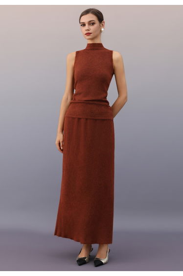 Open Back Bow Sleeveless Knit Top and Maxi Skirt in Rust