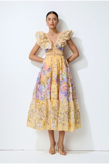 Keep The Feeling Yellow Floral V-Neck Ruffled Midi Dress