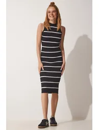 Women's Black and White Striped Summer Wrap Knitwear Dress