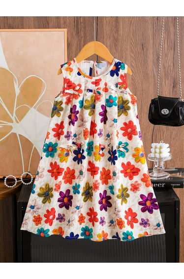 Girls Floral Print Pleated Sleeveless Dress