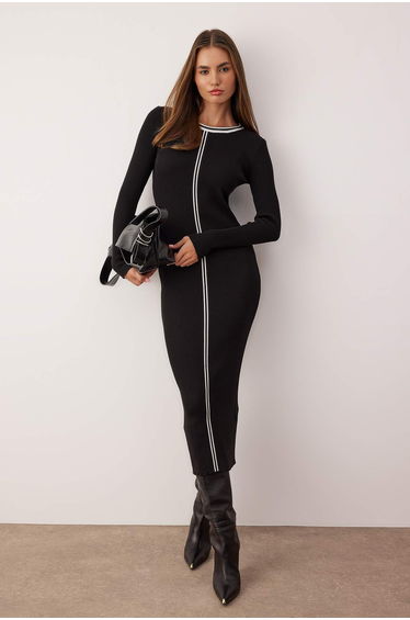 Black color block midi knitwear long dress
