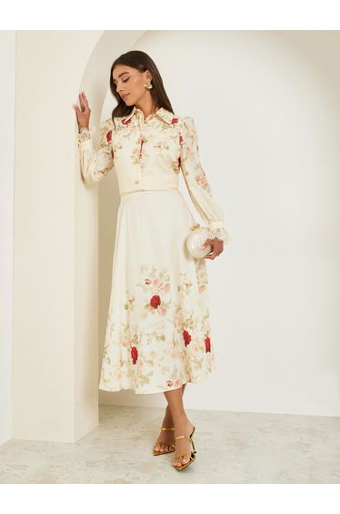 Women Cream Floral A-Line Midi Skirt
