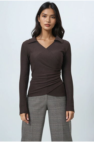 Women's acı kahve shirt collar double breasted cut drape detailed ottoban blouse