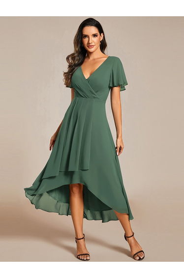 ever LARK|Ruffles Sleeve Pleated V-Neck A-Line Midi Chiffon Wedding Guest Dress