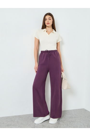 Purple Cotton Washed Wide Leg Joggers