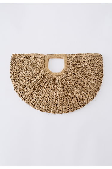Semicircle Woven Straw Handbag in Tan