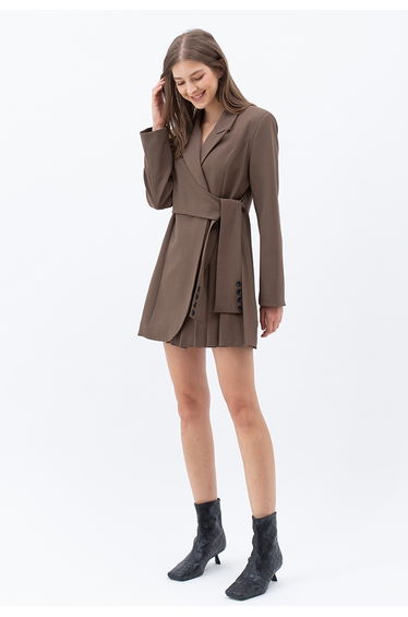 Tie Waist Pleated Pad Shoulder Blazer Dress in Brown