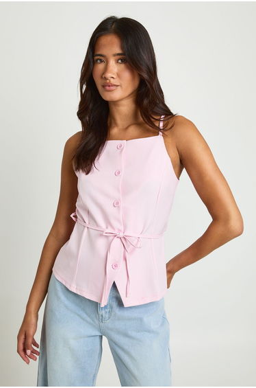 Belted Strappy Square Neck Waistcoat - baby pink