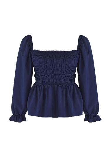Navy Blue Square Collar Gathered Sleeve Gipel Woven Plus Size Blouse