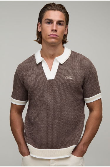 MAN Boxy Cable Embroidered Knitted Polo - brown