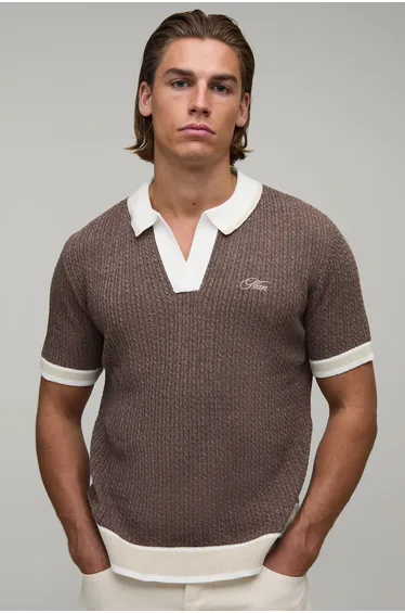 MAN Boxy Cable Embroidered Knitted Polo - brown