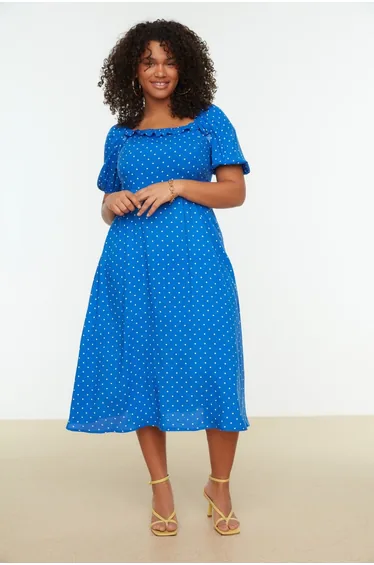 Navy Plus Polka A-Line Midaxi Dress with Ruffles