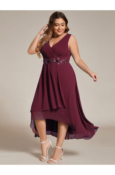 ever IRYS|Sleeveless V-Neck High Low Wedding Guest Dress with Floral Applique