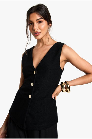 Textured Button through v neck longline waistcoat - black