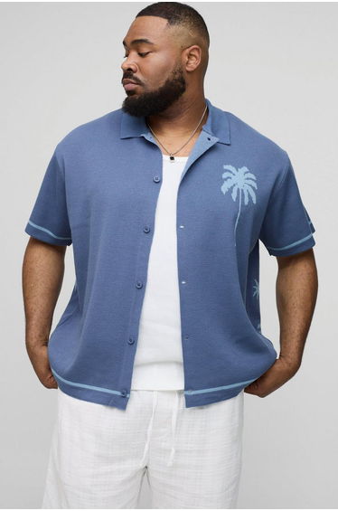 Plus Relaxed Palm Scenic Jacquard Knitted Shirt - blue