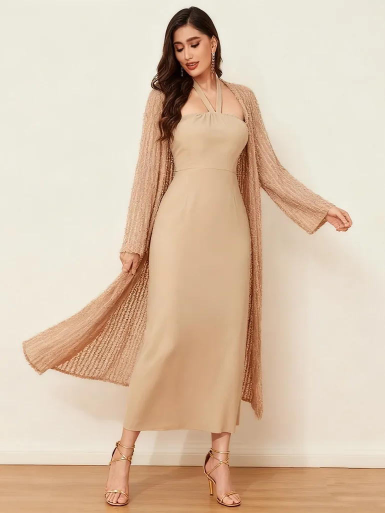 halter neck dress with cardigan Elegant Halter Neck Floral Print Dress with Matching Cardigan Set