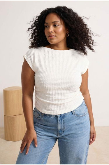 Ecru Degaje Collar Knitted Plus Size Blouse
