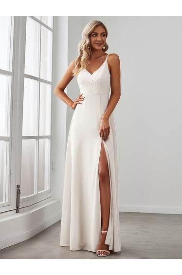 ever RENÉ |Pleated V-Neck Spaghetti Strap High Slit Bridesmaid Dress