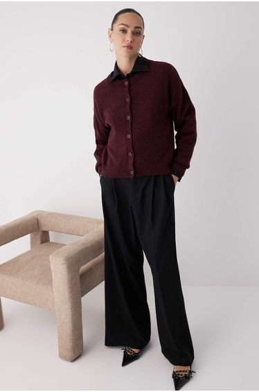 Burgundy Alpaca Wool Blend Wide Pattern Knit Cardigan